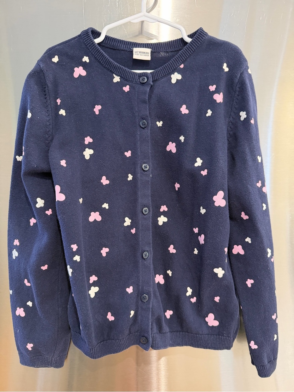Children's Navy Cardigan with Pink & White Hearts -